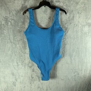 Cotton On Body Women's Swimsuit L One Piece Scoop Back Cheeky Blue Ribbed NWT